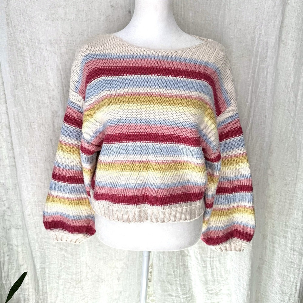 Billabong Striped Chunky Knit Sweater L Balloon Sleeves Boho Retro 90s Colorful